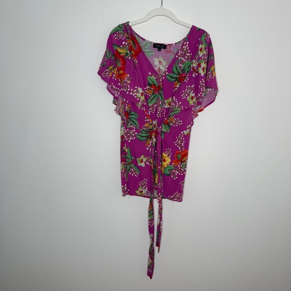 Rachel Zoe Women's 1X Purple Floral Top Flutter‎ Sleeves Front Sash - Picture 1 of 8